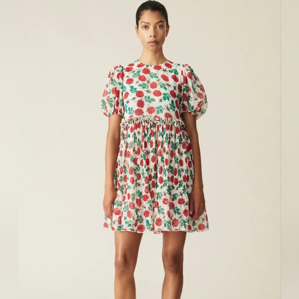 GANNI Georgette Pleated Mini Babydoll Dress Rose Floral Print Size M EU 34
